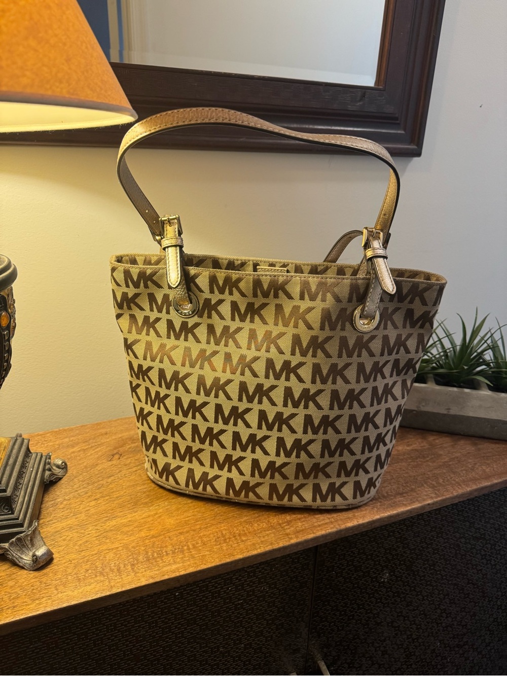 Michael Kors Beige and Brown MK Signature Canvas Tote